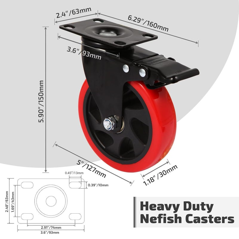 Nefish Swivel Caster Wheel for Cart, 5 Inch Industrial Casters Set of 4 - Heavy Duty Top Plate Casters with Brake 2200 Lbs, 360 Degree Polyurethane Wheels for Cart, Trolleys, Furniture, Equipment - Image 2
